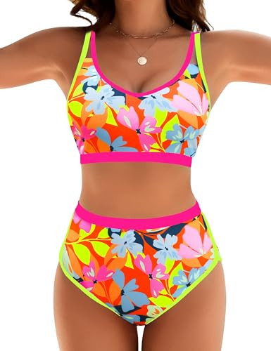Blooming Jelly Womens High Waisted Bikini Sets Plus Size Push Up Bathing Suit 2 Piece Swimsuits (X-L, Yellow Floral) | Amazon (US)