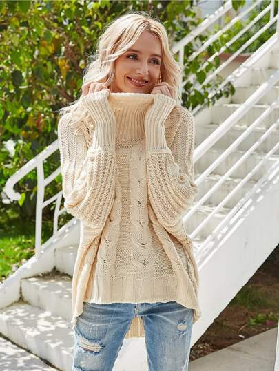 High Neck Cable Knit Raglan Sleeve Sweater | SHEIN