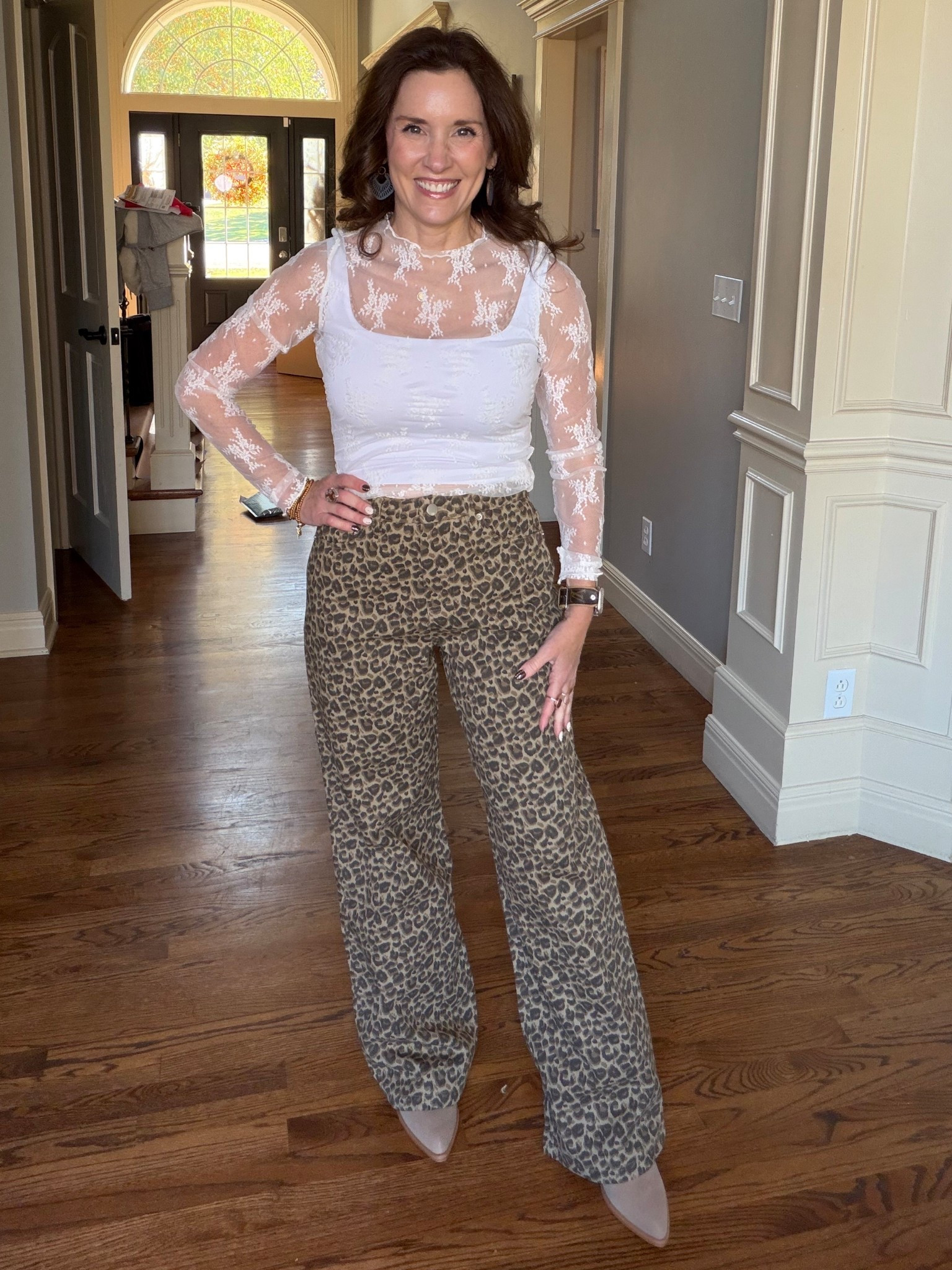 Amazing wide leg, leopard pant jeans, wearing a size small and paired with a lace mesh top and boots

Pink Lily has the trendy looks for the season at affordable prices



#LTKSaleAlert #LTKFindsUnder50 #LTKStyleTip