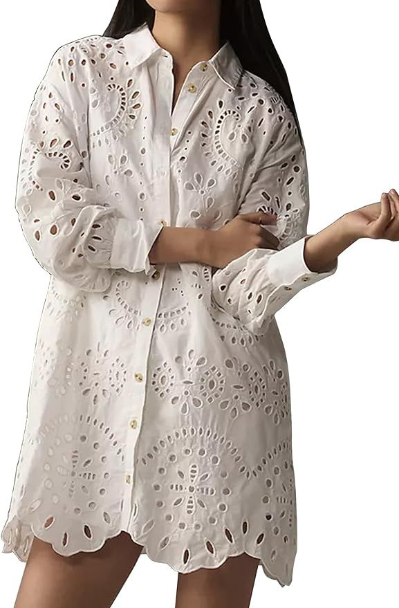 NENOKED Women Eyelet Embroidery Shirt Dress Button Down Casual Loose Long Sleeve Hollow Out Mini ... | Amazon (US)