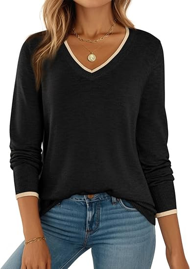 Dokotoo Womens Sweaters Dressy Casual Long Sleeve V Neck Lightweight Ribbed Knit Wool Pullover Ju... | Amazon (US)