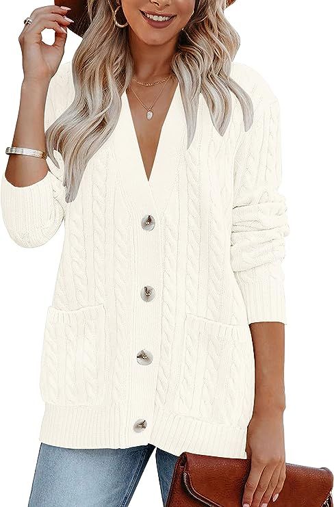 MEROKEETY Women's Long Sleeve Cable Knit Button Cardigan Sweater Open Front Outwear Coat with Poc... | Amazon (US)