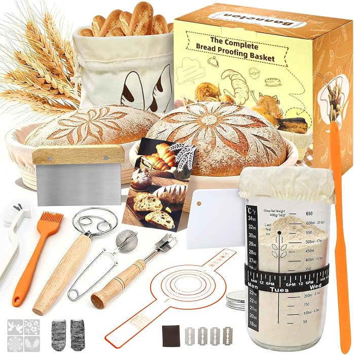 Sauerteig Starter Set 12-teilig - G\u00e4rk\u00f6rbchen (23cm Rund, 26cm Oval) aus 100% Natur-Rat... | Amazon (DE)