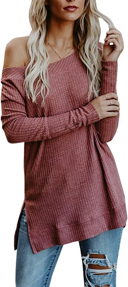 Beautife Womens Sweaters Off Shoulder Casual Oversized Long Sleeve Knit Pullovers Tunic Tops | Amazon (US)