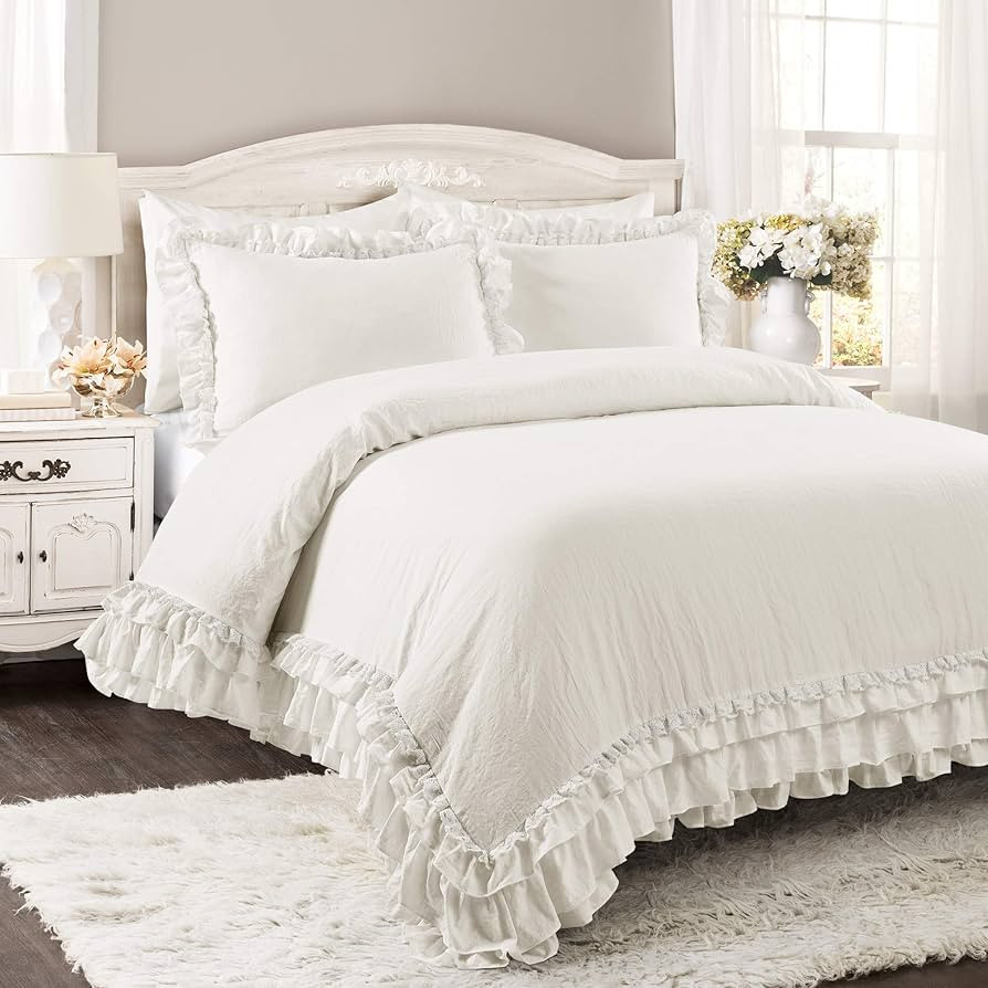 Lush Decor Ella Shabby-Chic Ruffle Lace 3-Piece King Comforter Set (White) | Amazon (US)