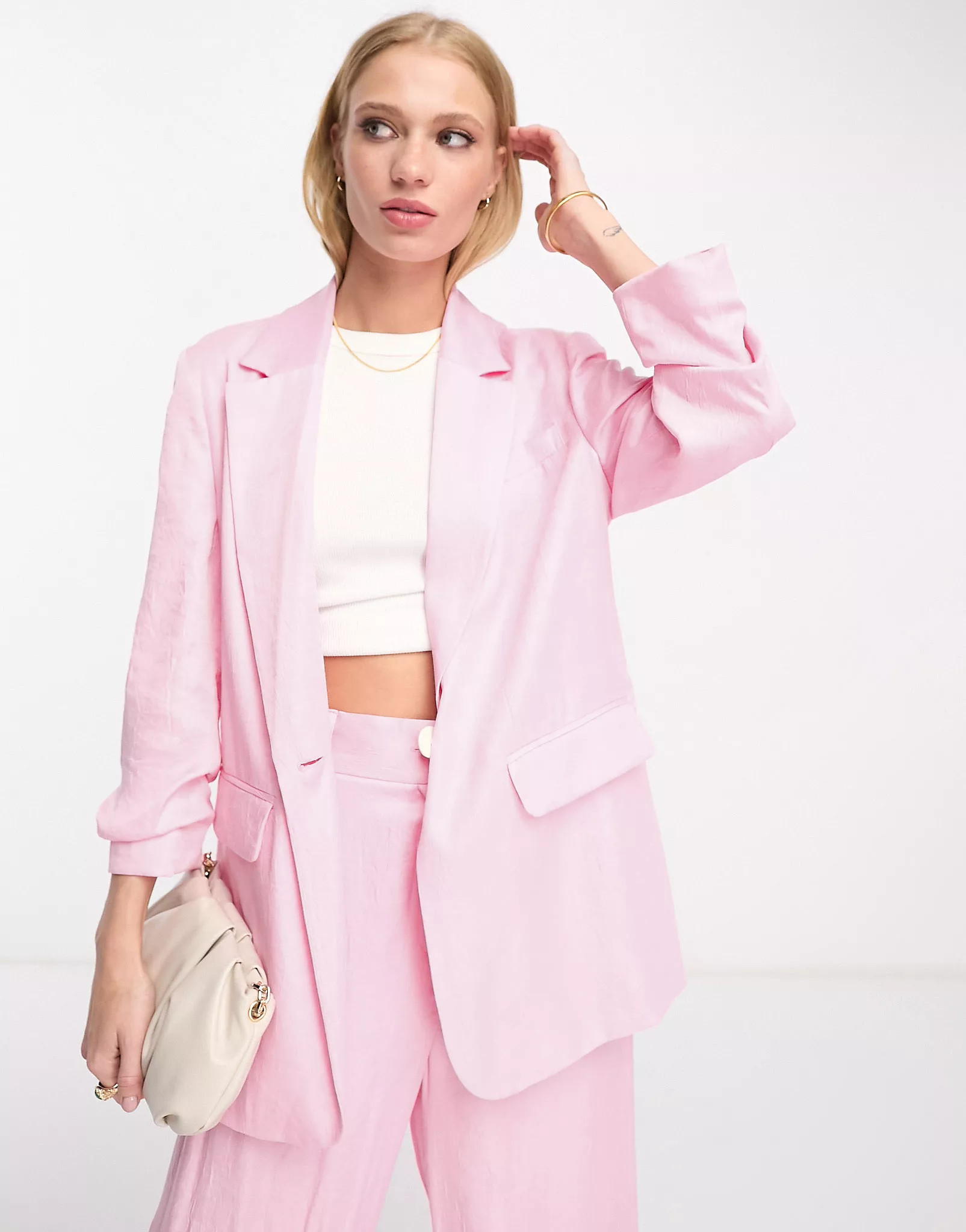 River Island co-ord ruched sleeve blazer in pink | ASOS (Global)