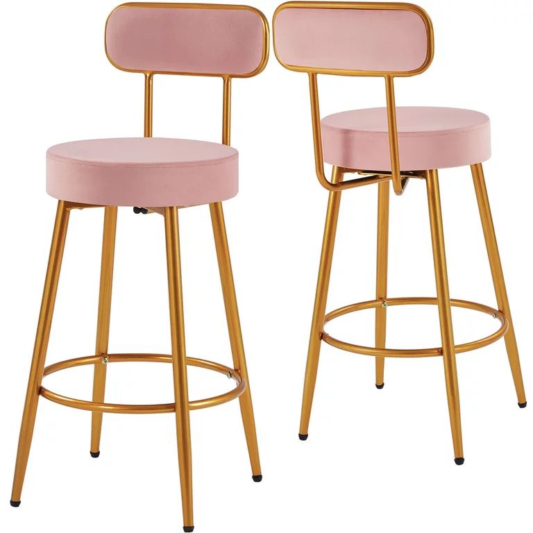 Smile Mart Modern Low-Back Counter Height Velvet Bar Stools with Gold Legs, Pink | Walmart (US)
