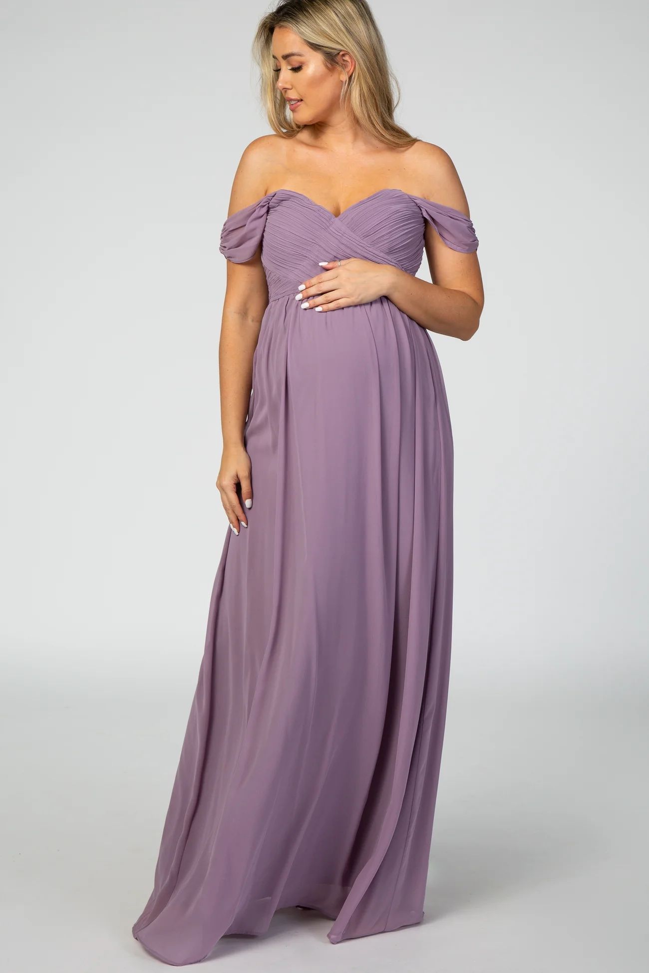 PinkBlush Lavender Off Shoulder Chiffon Maxi Maternity Dress | PinkBlush Maternity