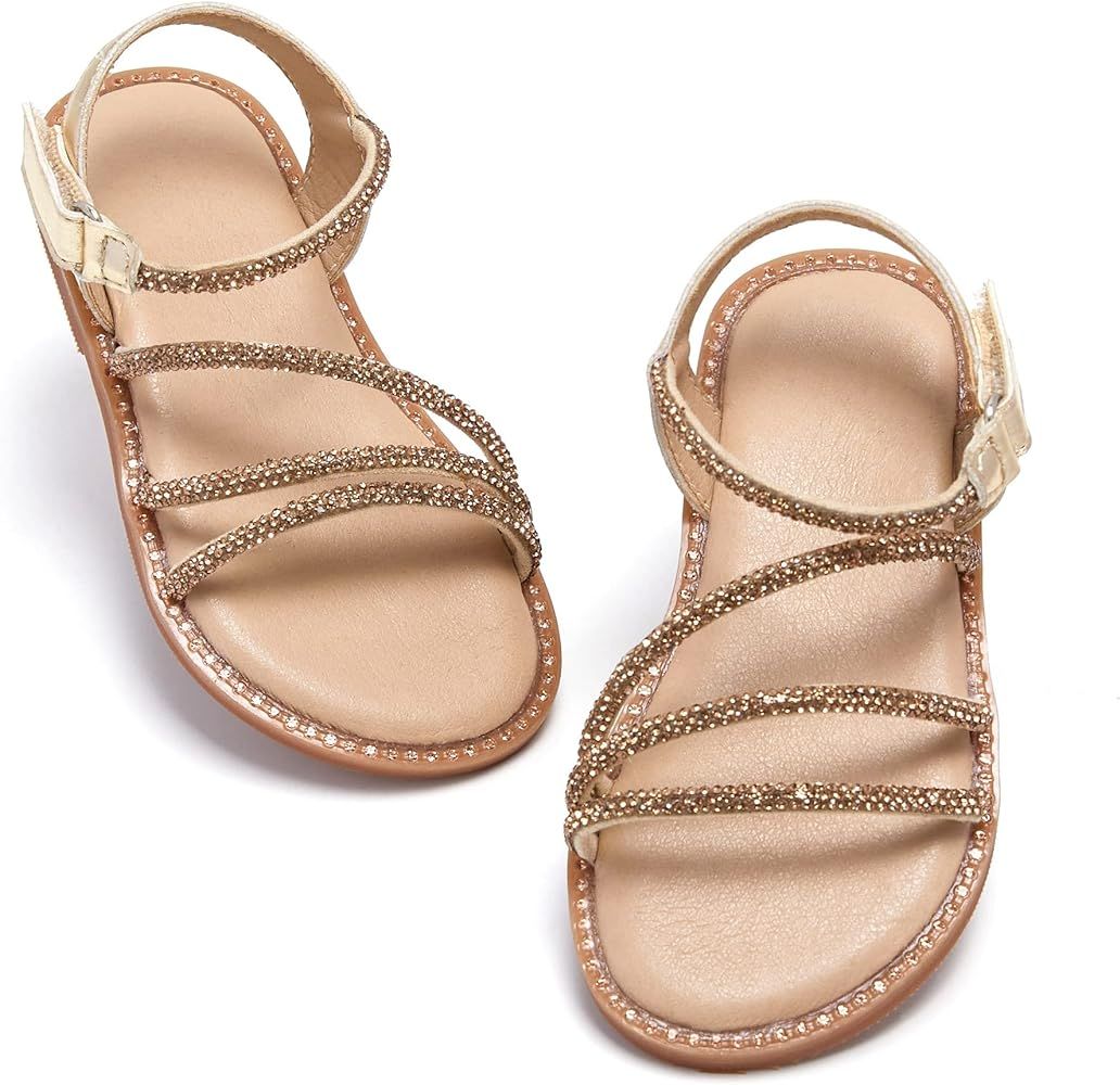 PHIRAMIN Toddler Girl Sandals - Flower Girl Dress Shoes Open Toe Little Kid Summer Flats | Amazon (US)