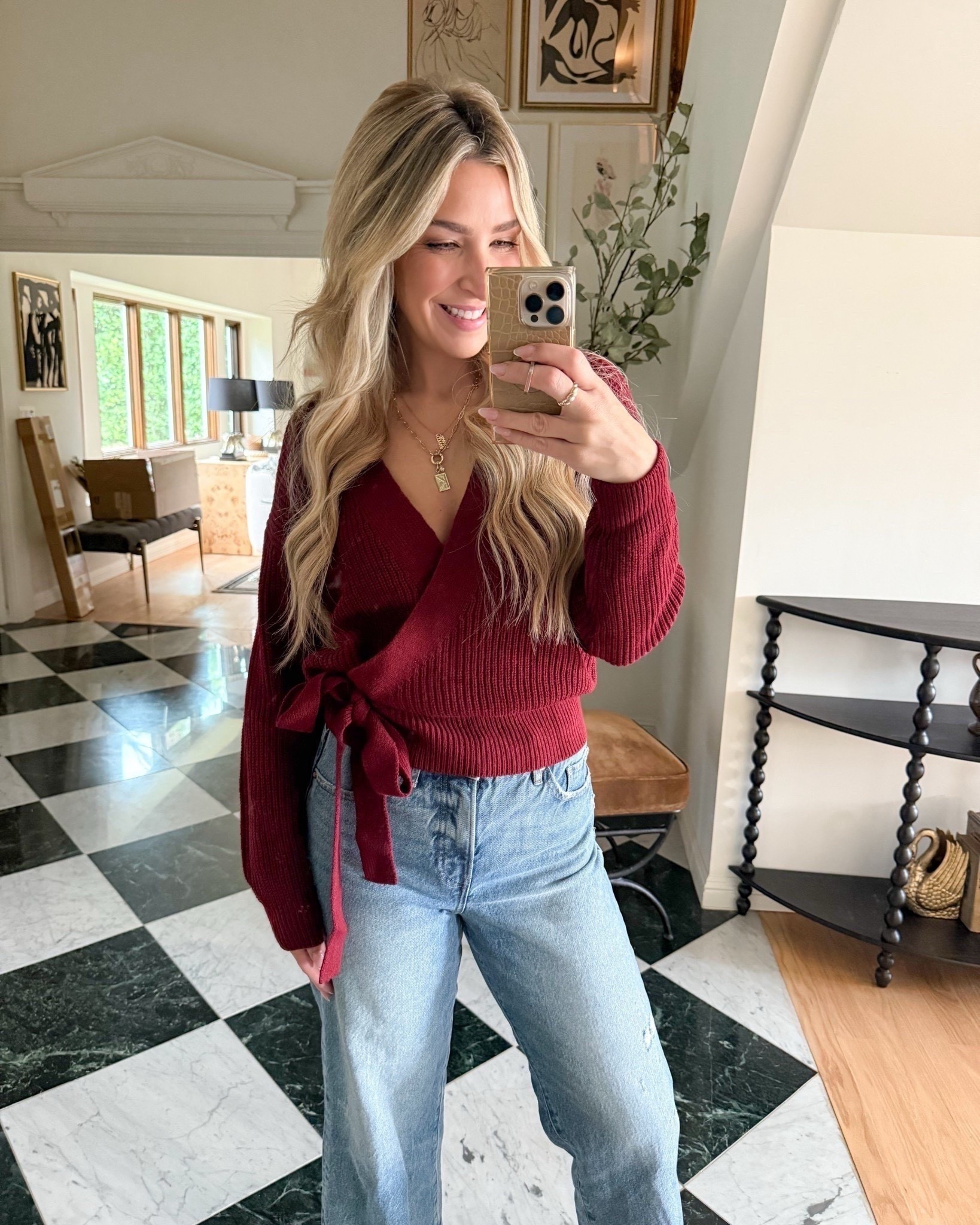 OOTD for holiday decorating ✨ Loving this burgundy wrap sweater from Amazon! TTS wearing a small

#LTKFindsUnder50 #LTKFindsUnder100 #LTKHoliday