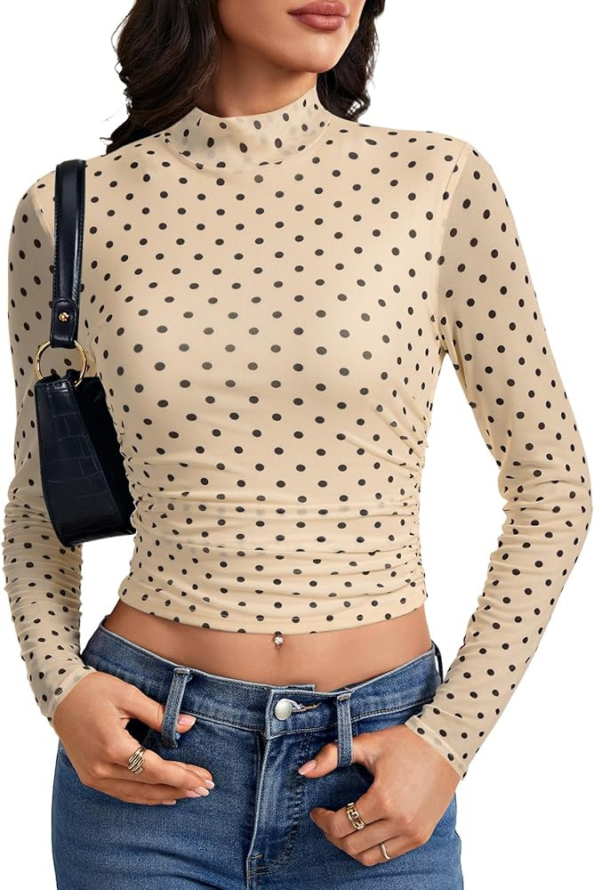 LYANER Women's Sheer Floral Mesh Long Sleeve Crop Top Mock Neck Fitted Sexy T Shirt Cropped Blous... | Amazon (US)