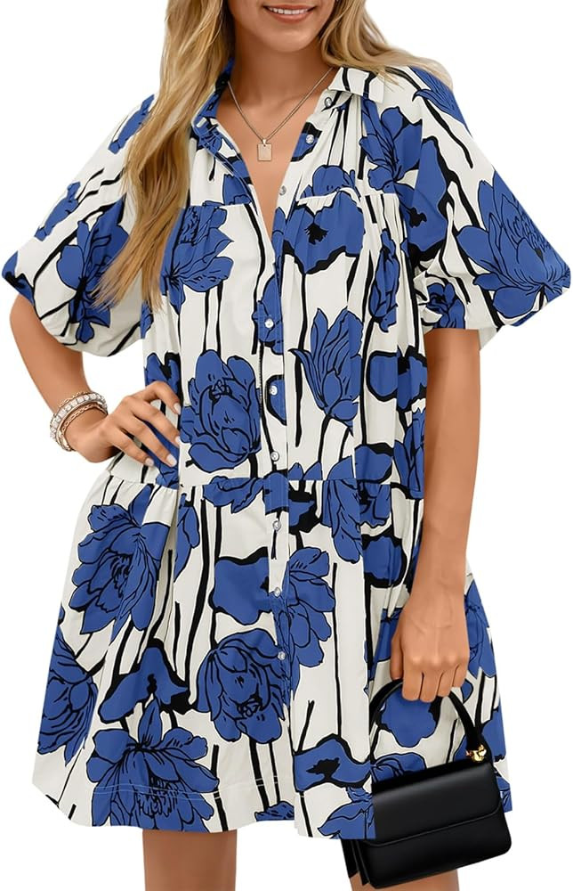 Wenrine Women's Summer Button Down Shirt Dress Floral Puff Short Sleeve Casual Loose Fit Beach Mi... | Amazon (US)