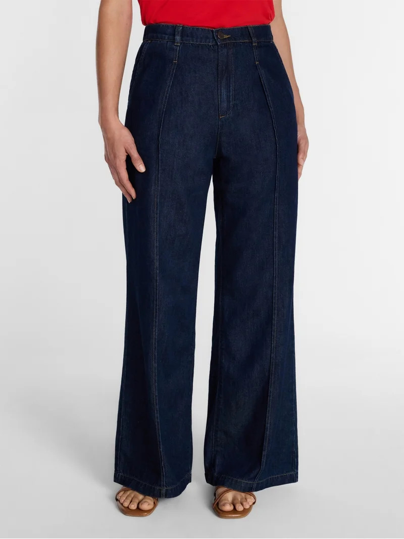 Time and Tru Women's High Rise Drapey Pleated Wide Leg Jeans, 30" Inseam, Sizes XS-XXXL | Walmart (US)