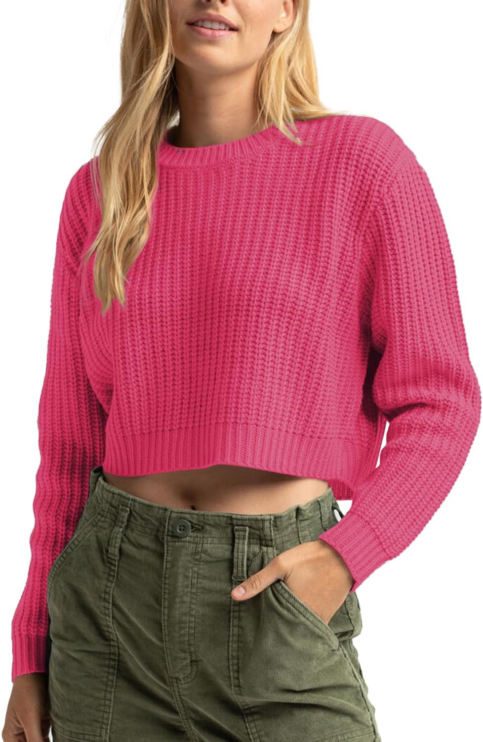 Jumppmile Women's Cropped Sweater Knit Long Sleeve Crewneck Soft Pullover Sweater Top | Amazon (US)