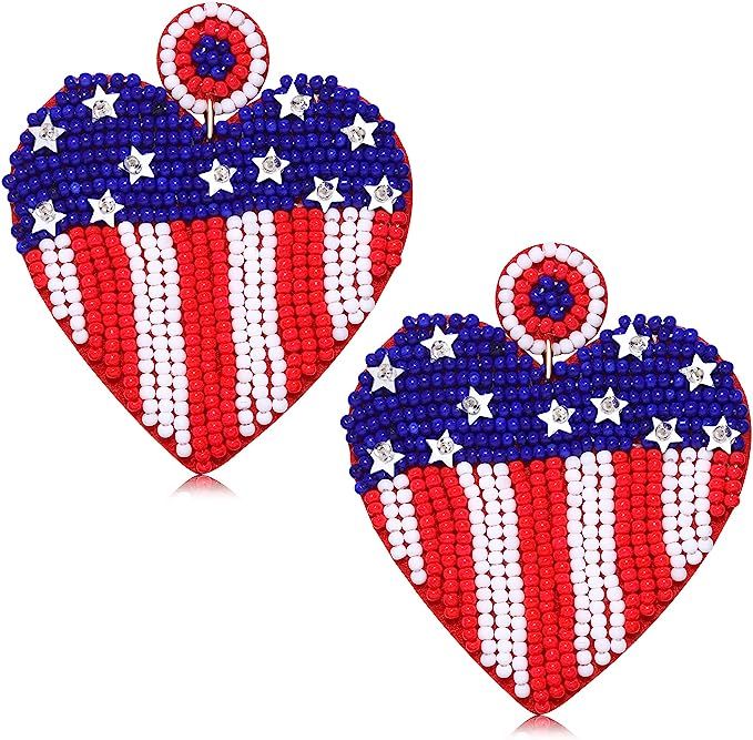 Boderier 4th of July Earrings Beaded American USA Flag Drop Dangle Earrings Heart Star Memorial I... | Amazon (US)