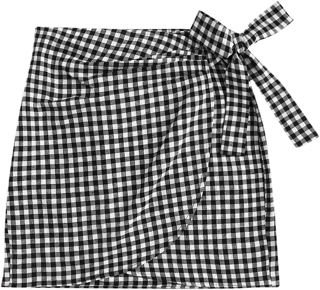 WDIRARA Women's Mid Waist Gingham Print Asymmetrical Wrap Knotted Skirt Black and White | Amazon (US)