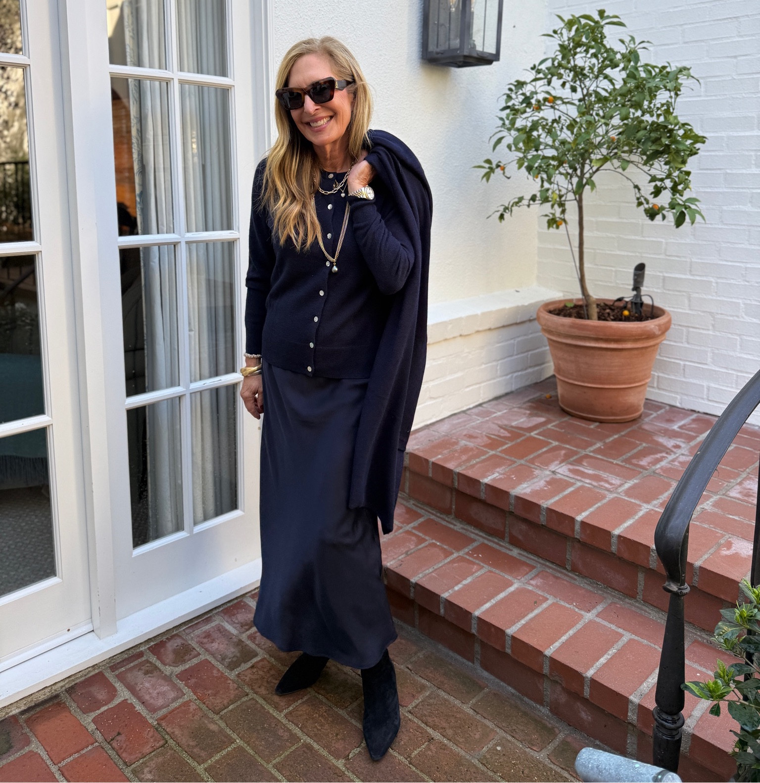 Silk dress + cashmere cardigan = the perfect outfit. @onequince #QuincePartner 

#LTKSeasonal #LTKOver40 #LTKootd