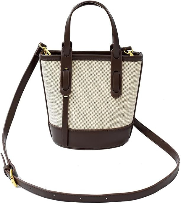 Amazon.com: Small Bucket Bag for Women, Canvas Tote Purse with PU Leather Trim, Mini Crossbody Sh... | Amazon (US)
