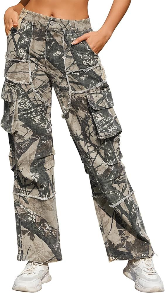 KGYA Unisex Camo Cargo Pants, Multi Pockets Raw Edge Oversized Straight Zipper Wide Legs Streetwe... | Amazon (CA)