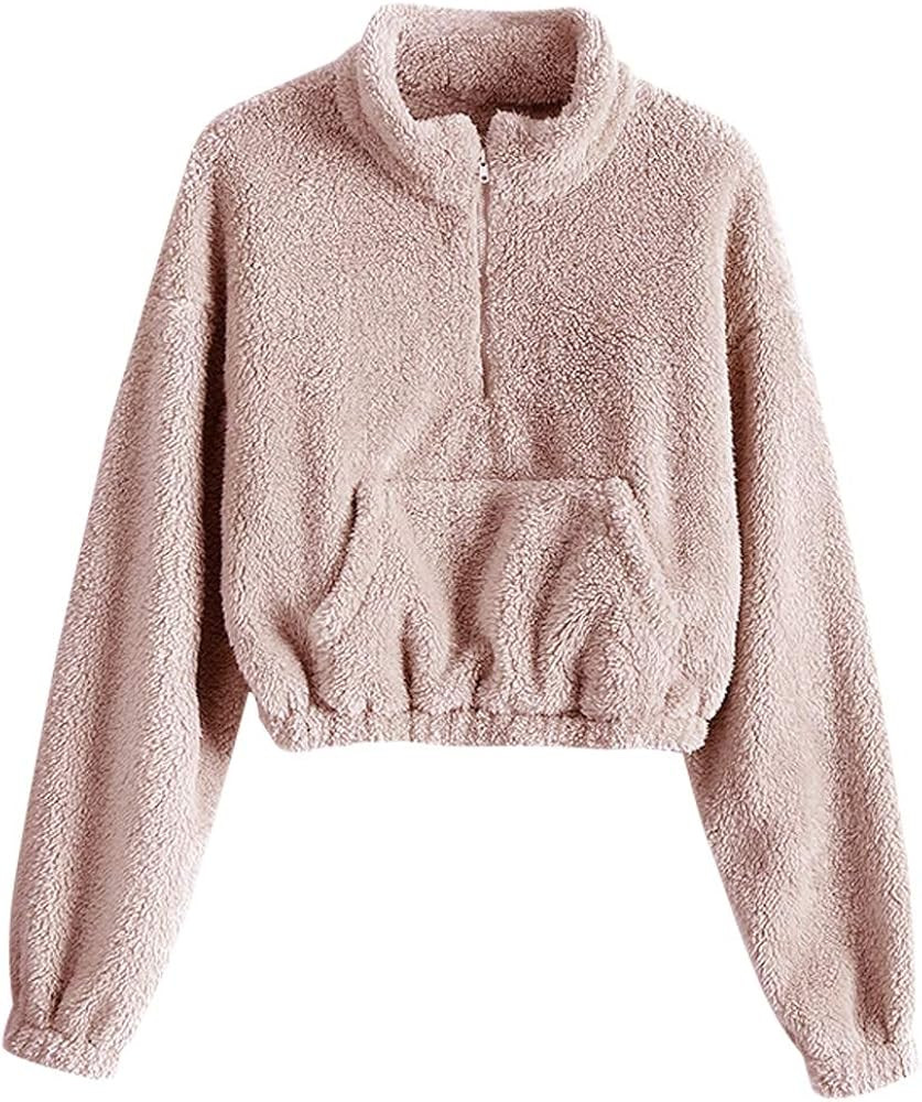 ZAFUL Women's Long Sleeve Hoodie Faux Fur Solid Color Crop Pullover Sweatshirt Tops | Amazon (US)