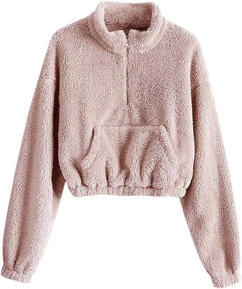 ZAFUL Women's Long Sleeve Hoodie Faux Fur Solid Color Crop Pullover Sweatshirt Tops | Amazon (US)
