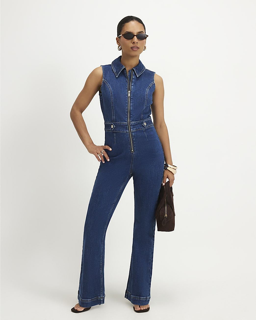 Petite Blue Stretch Denim Jumpsuit | River Island UK & IE