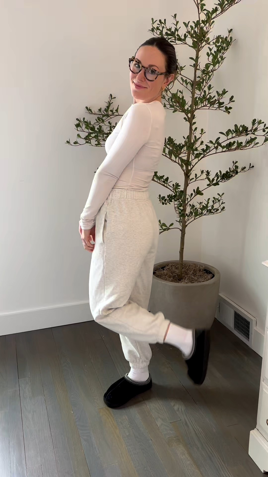 One of my favorite outfits to wear chasing around a toddler: sweats + skims shirts + Uggs! Nothing comfier!

Size small petite/short pants (in 5”4’)
Size XS top 