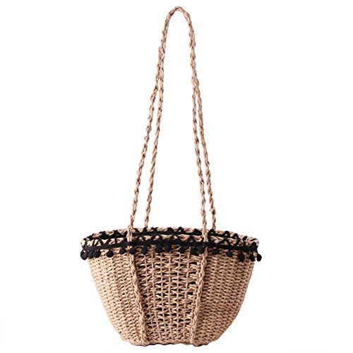 New Bohemian Beach Bag for Women Cute Handmade Straw Bags Khaki Travel Tote with Blacke Tassels | Amazon (US)