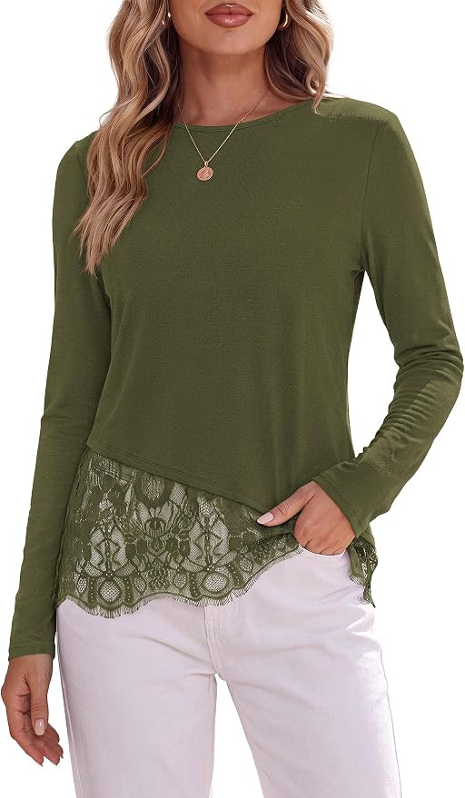 PRETTYGARDEN Women's Lace Patchwork Long Sleeve Shirts | Amazon (US)