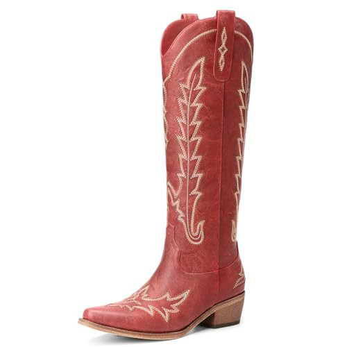 Rivalran Red Cowboy Boots for Women - Knee High Embroidered Western Cowgirl Boots, Pointed Toe Chunky Heel Retro Country Boots, Pull On Zipper Vintage Fashion Tall Boots for Ladies US Size 6 | Amazon (US)