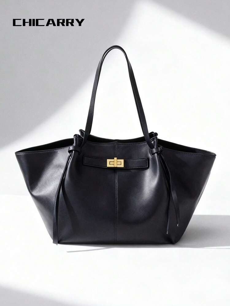 Women's Solid Color Large Capacity Tote Bag, Rotary Lock Metal Decor, Magnetic Closure, Detachable Elegant Ribbon Handle, Retro Street Fashion Shoulder Bag, Fan-Shaped Design, Personalized Handbag Suitable For Shopping, Dating, Travel, Business, Office, Camping Storage, Umbrella, Water Bottle, Wallet | SHEIN