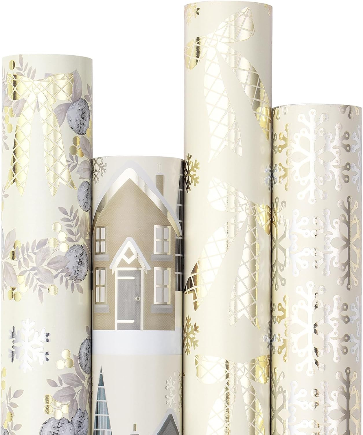 RUSPEPA Elegant Christmas Wrapping Paper Set, Jumbo Roll, Gold Silver Foil Snowflake, Wreath, Winter Village, Bow Design Gift Wrap for Winter Wedding, Holiday, 4 Rolls, 30 inches x 10 feet per Roll | Amazon (US)
