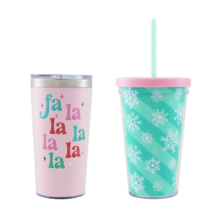 Plastic Christmas Tumbler Set, Pink and Teal, 18 fl oz, 2 Count, by Holiday Time | Walmart (US)