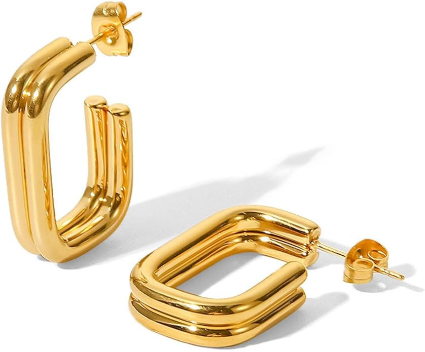 Chunky Gold Hoop Earrings for Women 18K Gold Plated Thick Hoops Earrings Small Chunky Hoops | Amazon (US)