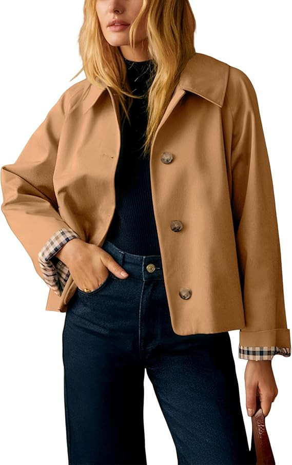 Dqbeng Womens Short Trench Jacket Plaid Lining Button Front Lightweight Classic Casual Outerwear ... | Amazon (US)