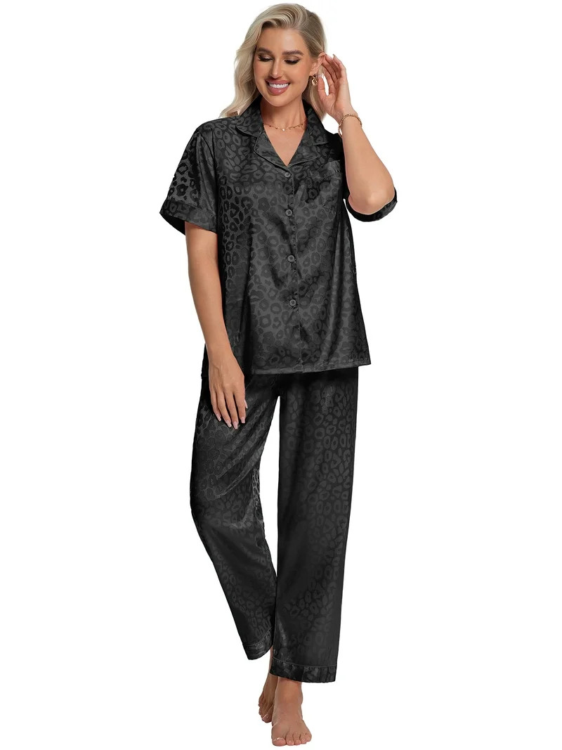 DAKIMOE Silk Satin Pajama Set for Women Short Sleeve Two Piece Button Down Pjs Sleepwear Soft Lou... | Walmart (US)