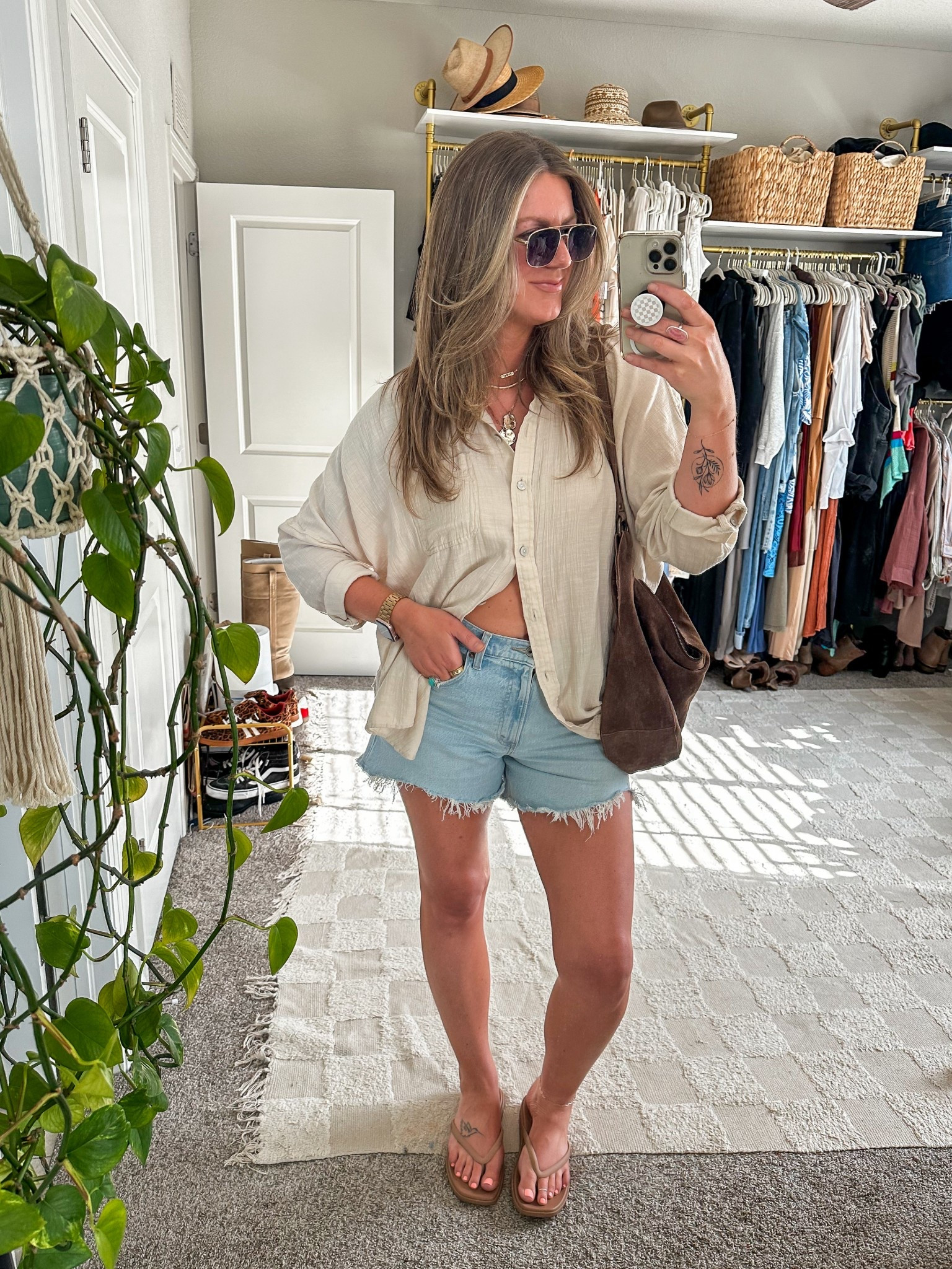 Large top, 10/30 shorts, 11 sandals 

#LTKMidsize #LTKOver40