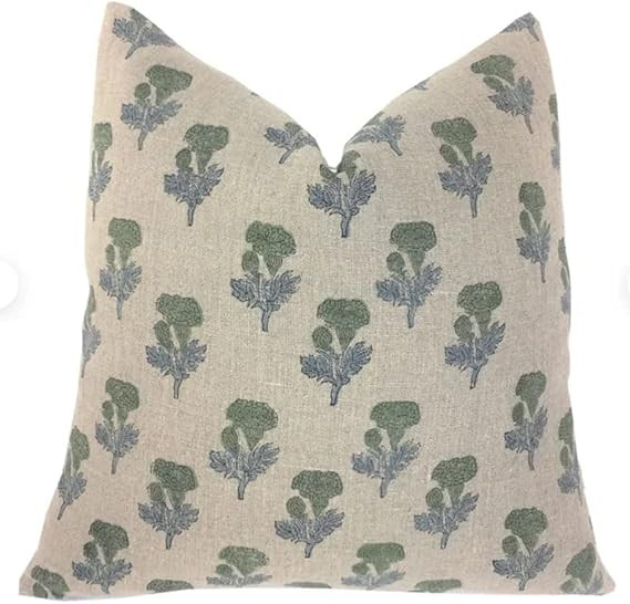 Floral Block Print Pillow Cover in Green, Blue and Tan, 20" x 20" | Amazon (US)