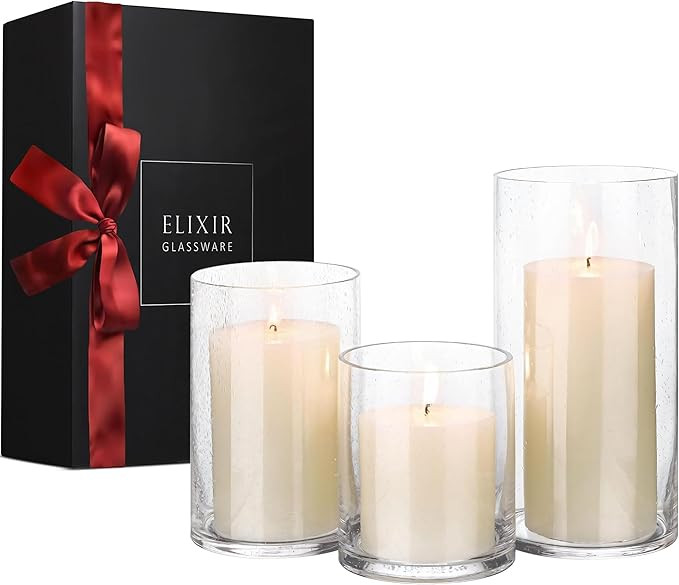 ELIXIR GLASSWARE Glass Candle Holder - Large Hand Blown Bubble Hurricane Pillar Candle Holders - ... | Amazon (US)