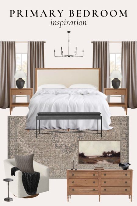 Warm and cozy primary bedroom inspiration 🤍
•
Master bedroom, upholstered bed frame, linen headboard, wood nightstands, end of bed bench, swivel chair, bedroom decor