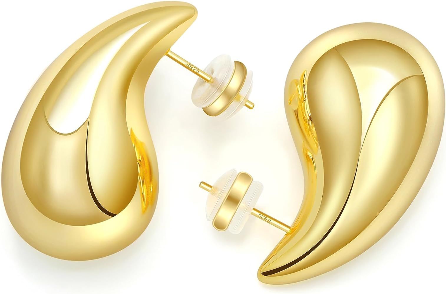 Chunky Gold Hoop Earrings for Women Lightweight Teardrop Dupes Earrings 925 Sterling Silver Post ... | Amazon (US)