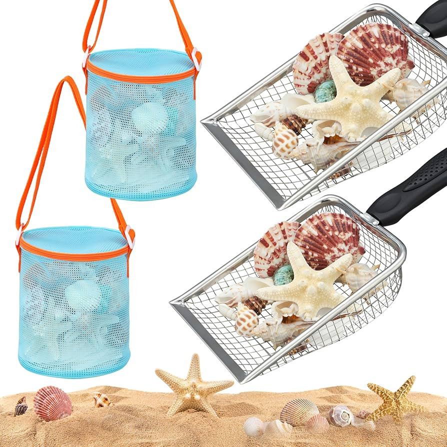2PCS Beach Mesh Shovel with 2PCS Mesh Beach Bag for Sand Filter and Collect Shells Sand Sifter Sc... | Amazon (US)