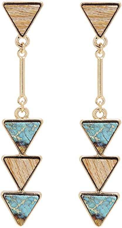 BONALUNA Bohemian Wood And Marble Effect Triangle Drop Statement Earrings (TURQ) | Amazon (US)