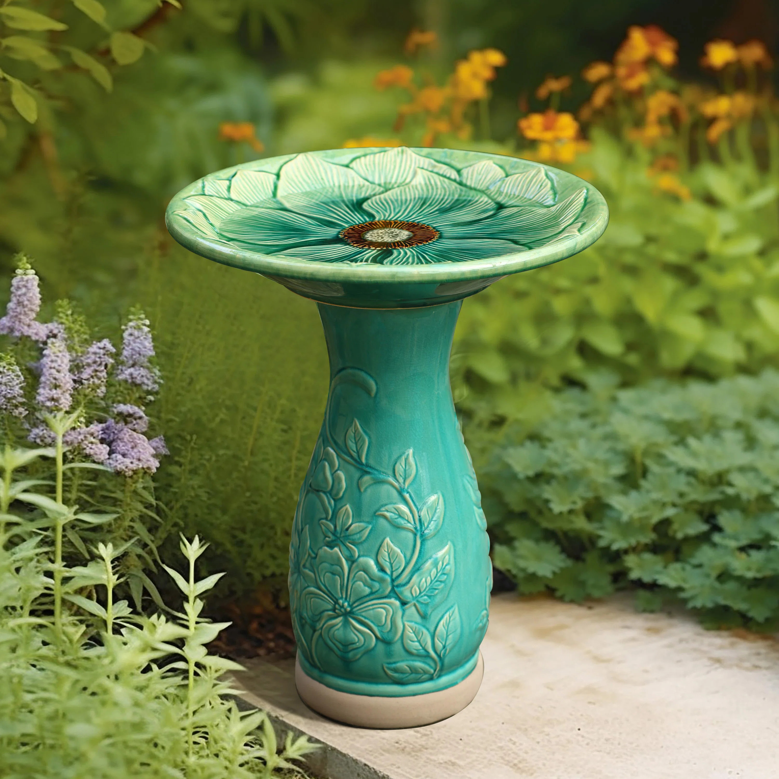 Asukulu Aqua Glazed Flower Ceramic 22.8-In Tall Outdoor Bird Bath | Wayfair North America