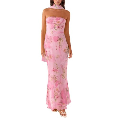 Women Floral Tube Maxi Dress with Scarf Summer Strapless Tube Bodycon Mesh Layer Cocktail Party Wedding Guest Dress (US, Alpha, Medium, Regular, Regular, A Pink) | Amazon (US)