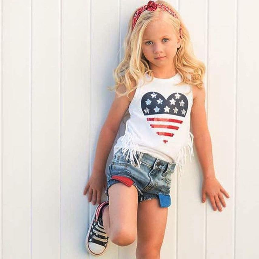 2Pcs/Set Toddler Baby Girls 4th of July Outfits Set Sleeveless Tassels Vest Tops+ Ripped Denim Short | Amazon (US)