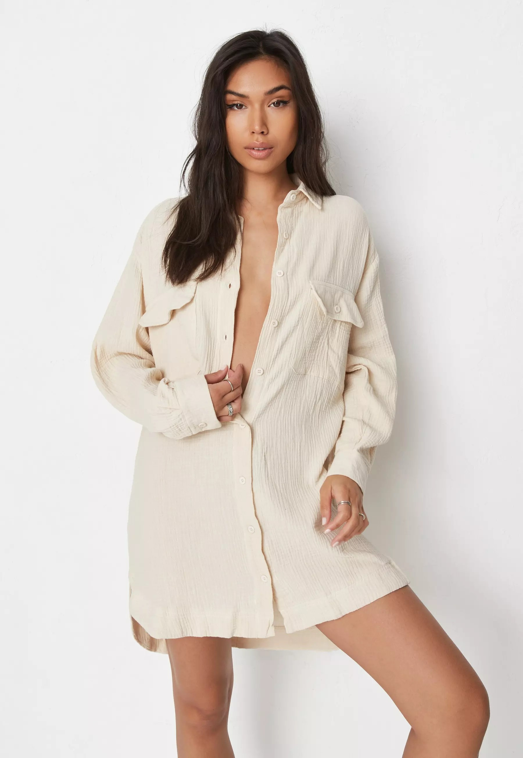Ecru Linen Look Oversized Shirt Dress | Missguided (US & CA)