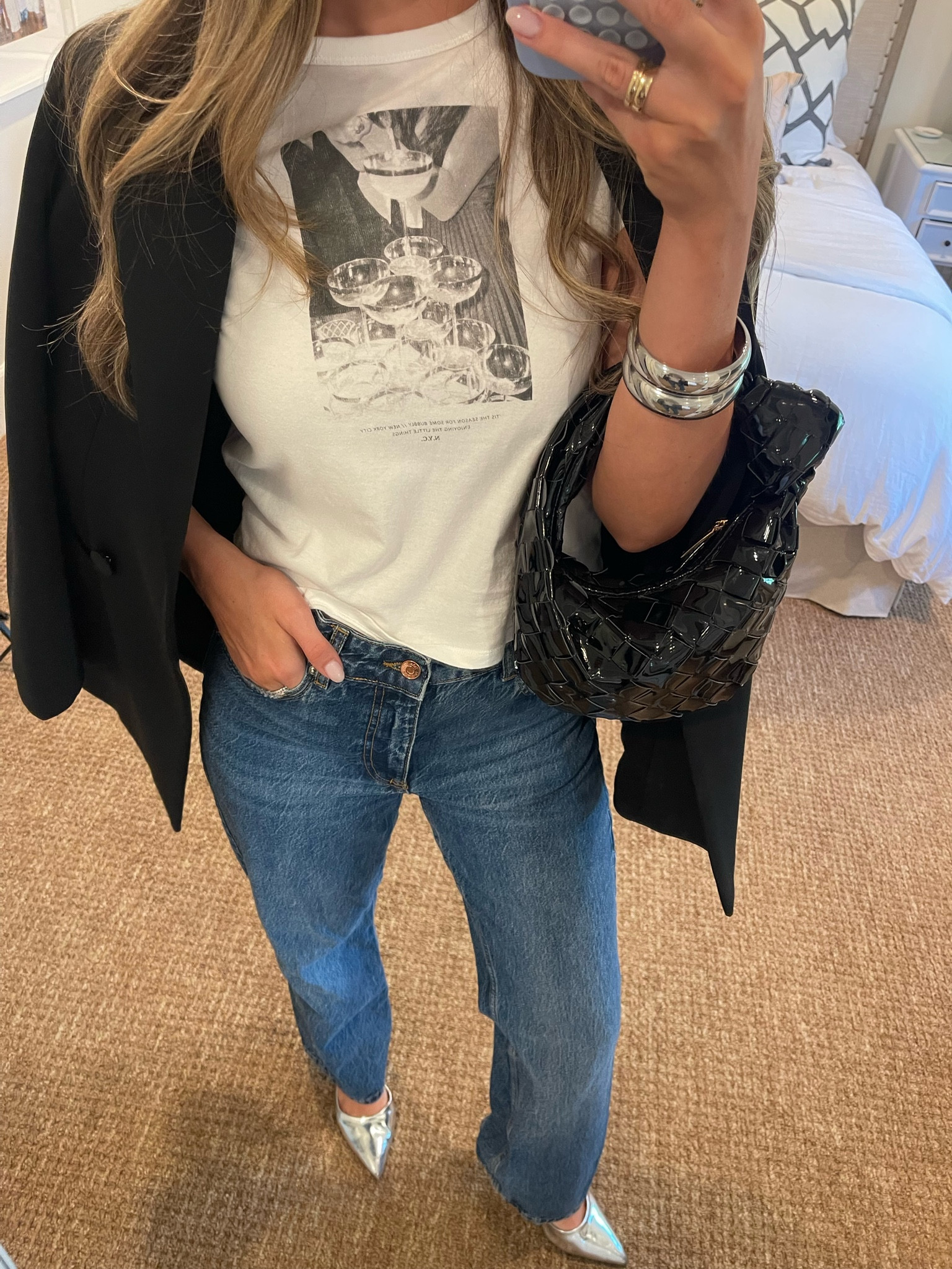 graphic tee, black blazer, metallic pointed toe, bangles 