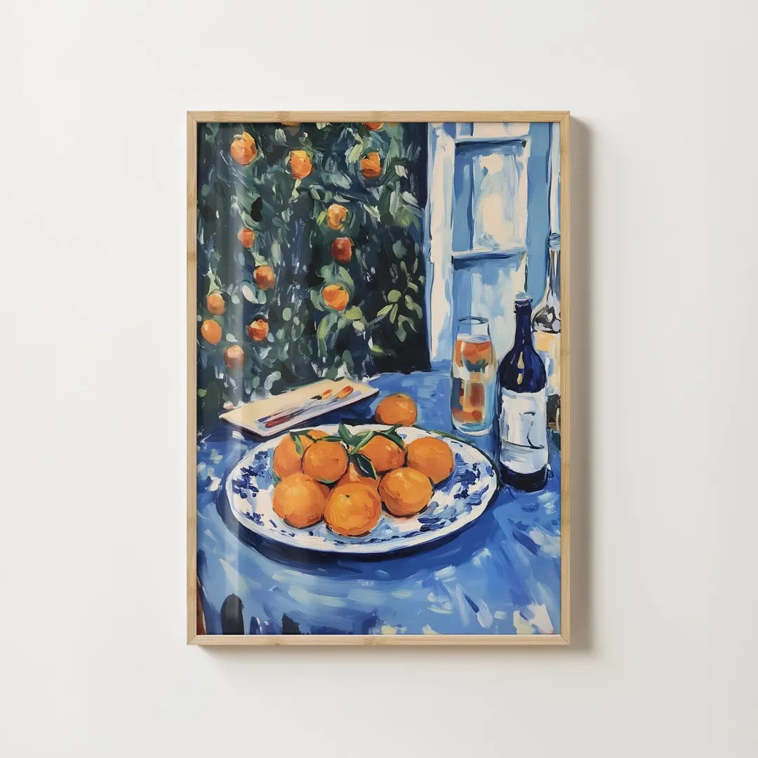 Mediterranean Oranges Print Breakfast Dining Print Dinner Table Print Citrus Fruit Painting Blue ... | Etsy (US)