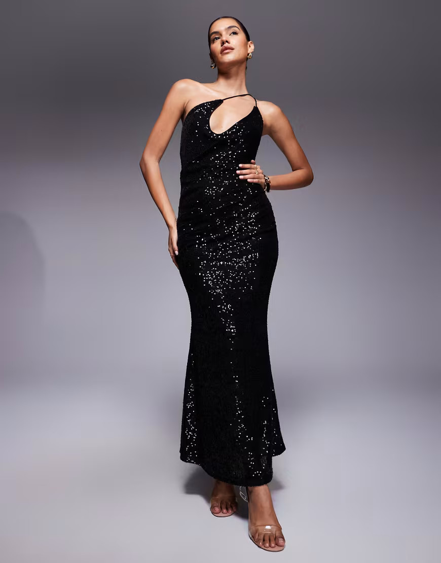 ASOS DESIGN sequin one shoulder strappy maxi dress with cowl in black | ASOS (Global)